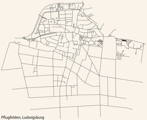 Detailed navigation black lines urban street roads map of the PFLUGFELDEN MUNICIPALITY of the German regional capital city of LUDWIGSBURG, Germany on vintage beige background