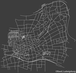 Detailed negative navigation white lines urban street roads map of the OSSWEIL MUNICIPALITY of the German regional capital city of LUDWIGSBURG, Germany on dark gray background