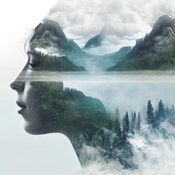 Double exposure image of woman and landscape. AI Generated Illustration.