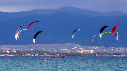CAGLIARI, ITALIA - OTTOBRE 6-10, 2021: Sardinia Kite Board Grand Slam - Poetto Cagliari - Ika Kite...