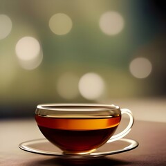 Calming image featuring a hot beverage such as herbal tea in a clear glass teacup with an ambient...