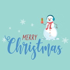 Fototapeta na wymiar Merry Christmas and happy new year with snowman holding gifts