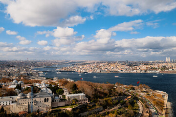 Fototapeta na wymiar View from Sarayburnu coast, the historical peninsula and the domes of Topkapi Palace in Istanbul