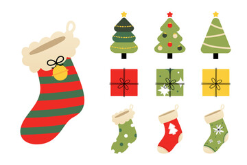 Set, collection of Christmas design elements for winter holidays design. Decorated christmas socks, christmas trees, gifts vector icons.
