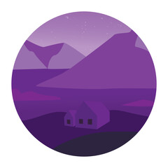 Iceland landscape in white circle with mountains, sea, land and house . Textured background. Flat style.Light violet to dark blue gradient colors on layers. Digital vector illustration. Trendy. Winter