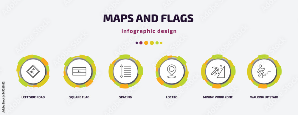 Poster maps and flags infographic template with icons and 6 step or option. maps and flags icons such as le