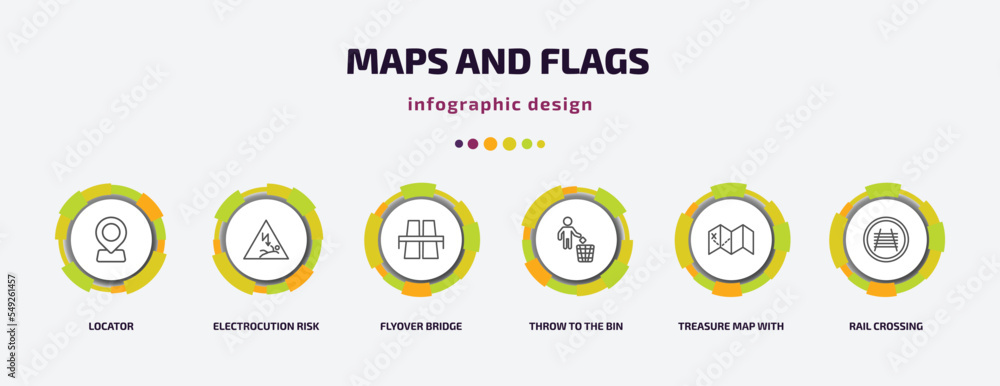 Poster maps and flags infographic template with icons and 6 step or option. maps and flags icons such as lo