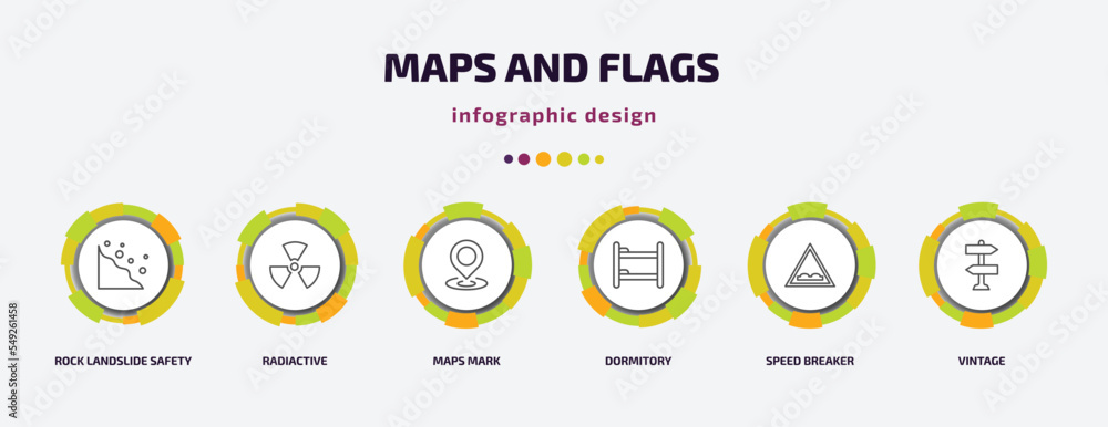 Aufkleber maps and flags infographic template with icons and 6 step or option. maps and flags icons such as ro