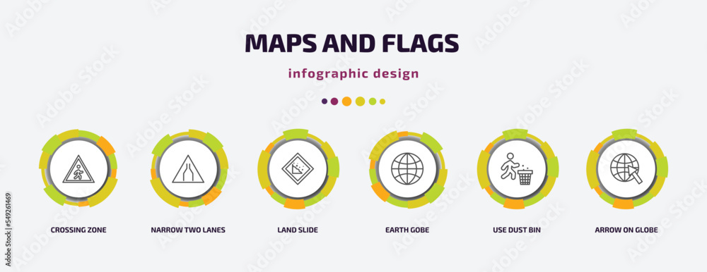 Poster maps and flags infographic template with icons and 6 step or option. maps and flags icons such as cr