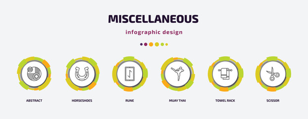 miscellaneous infographic template with icons and 6 step or option. miscellaneous icons such as abstract, horseshoes, rune, muay thai, towel rack, scissor vector. can be used for banner, info graph,