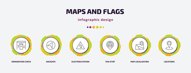 maps and flags infographic template with icons and 6 step or option. maps and flags icons such as inmigration check point, navigate, electrocutation danger, taxi stop, map localization, locations