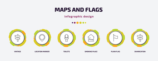 maps and flags infographic template with icons and 6 step or option. maps and flags icons such as vintage, location marker, toilets, smoking place, plain flag, divarication vector. can be used for