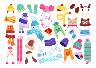 Cartoon collection children winter hats, vector illustration. Beautiful cartoon baby clothes, set. Stylish knitted accessories for children.