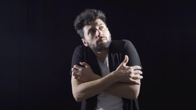 The mentally ill man becomes aggressive.
Man with paranoia or schizophrenia and insane acting weird.
