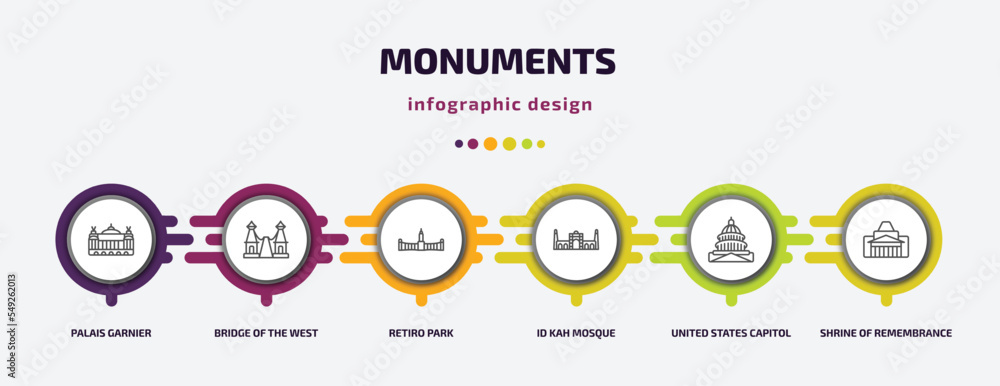 Poster monuments infographic template with icons and 6 step or option. monuments icons such as palais garni