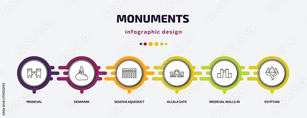 Poster monuments infographic template with icons and 6 step or option. monuments icons such as medieval, de