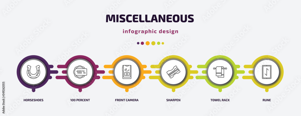 Poster miscellaneous infographic template with icons and 6 step or option. miscellaneous icons such as hors