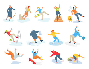 Fototapeta na wymiar Collection stickers with falling people, vector illustration. Adult man woman character fall on slippery surface. Dangerous action, hurted person.