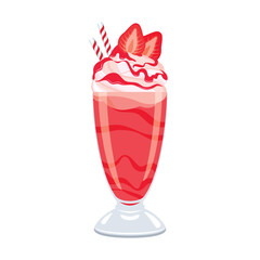 Strawberry milkshake with whipped cream and pink topping icon vector. Glass of strawberry smoothie icon isolated on a white background. Cup of strawberry milk drink drawing