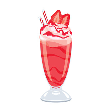 Strawberry milkshake with whipped cream and pink topping icon vector. Glass of strawberry smoothie icon isolated on a white background. Cup of strawberry milk drink drawing
