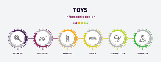 toys infographic template with icons and 6 step or option. toys icons such as rattle toy, ladybug toy, phone toy, bus sand bucket spinner vector. can be used for banner, info graph, web,