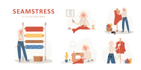 Sewing concept. Elderly woman seamstress sews, cuts, takes measurements and streams clothes. Fashion designer or dressmaker. Vector illustration in flat cartoon style. Hobby concept.