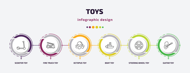 toys infographic template with icons and 6 step or option. toys icons such as scooter toy, fire truck toy, octopus toy, boat steering wheel guitar vector. can be used for banner, info graph, web,