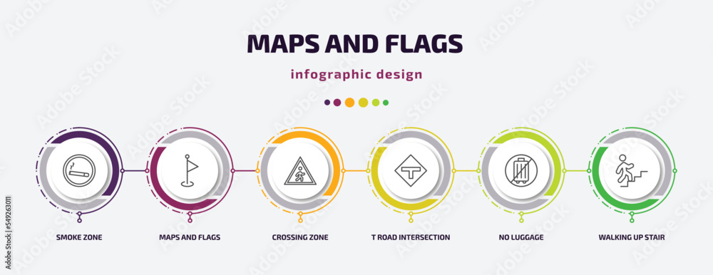 Poster maps and flags infographic template with icons and 6 step or option. maps and flags icons such as sm