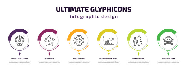 ultimate glyphicons infographic template with icons and 6 step or option. ultimate glyphicons icons such as target with circle, star point, plus button, upload arrow with bar, man and tree, taxi