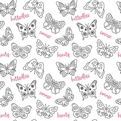 Butterflies pattern. Seamless background with doodle flying insects. Black and white print. Vector repeat illustration for designs, textile, fabric, wrapping paper