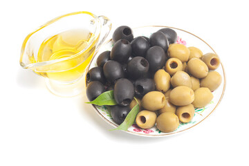 Jug with olive oil, green and black olives isolated on white background