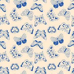 Butterflies pattern. Seamless background with doodle flying insects. Vector repeat illustration for designs, textile, fabric, wrapping paper