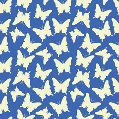 Makhaon butterflies silhouettes pattern. Seamless background with beautiful flying insects. Blue and yellow print. Vector repeat illustration for designs, textile, fabric, wrapping paper