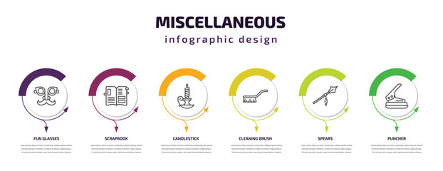 miscellaneous infographic template with icons and 6 step or option. miscellaneous icons such as fun glasses, scrapbook, candlestick, cleaning brush, spears, puncher vector. can be used for banner,