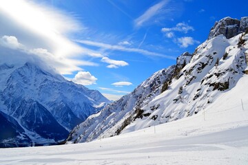 View of mountains and blue sky in the Alps France.