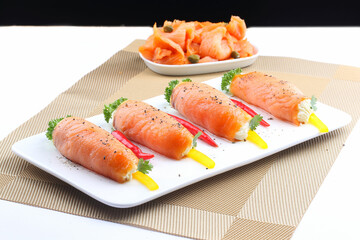 smoked salmon and arugul warp with cream cheese on platter