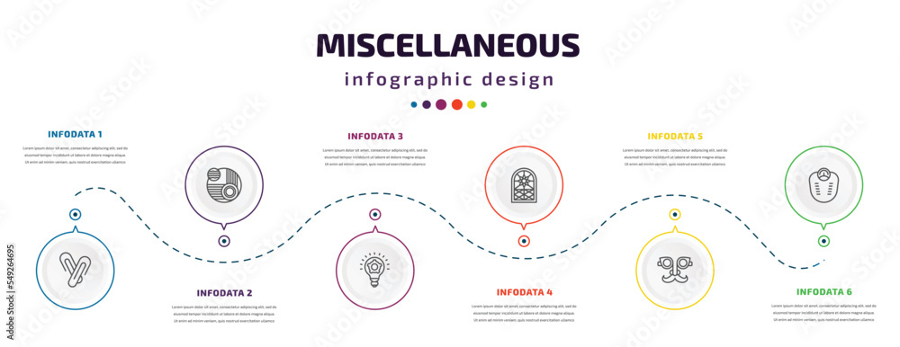 Poster miscellaneous infographic element with icons and 6 step or option. miscellaneous icons such as paper