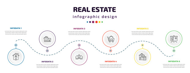 real estate infographic element with icons and 6 step or option. real estate icons such as house key, house front view, houses, shopping, calculate, slides vector. can be used for banner, info