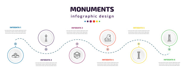 monuments infographic element with icons and 6 step or option. monuments icons such as thatbyinnyu temple, , kaaba building, imperial guardian lion, greek column, circle vector. can be used for