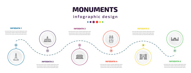 monuments infographic element with icons and 6 step or option. monuments icons such as qutb minar in new delhi, hassan mosque, national mall, belem tower, barcelona, id kah mosque vector. can be