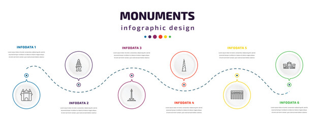 monuments infographic element with icons and 6 step or option. monuments icons such as amritsar, cambodia, national monument monas, , segovia aqueduct, alcala gate vector. can be used for banner,