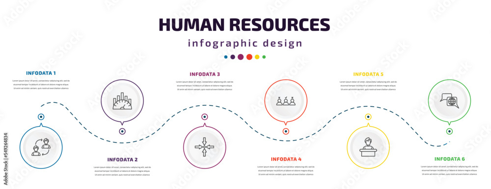 Poster human resources infographic element with icons and 6 step or option. human resources icons such as c