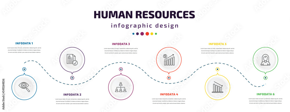 Aufkleber human resources infographic element with icons and 6 step or option. human resources icons such as a