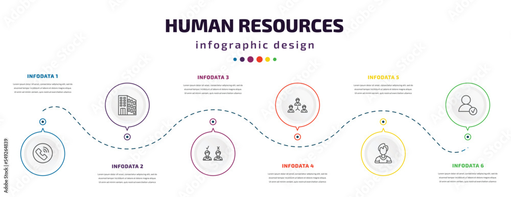 Poster human resources infographic element with icons and 6 step or option. human resources icons such as c