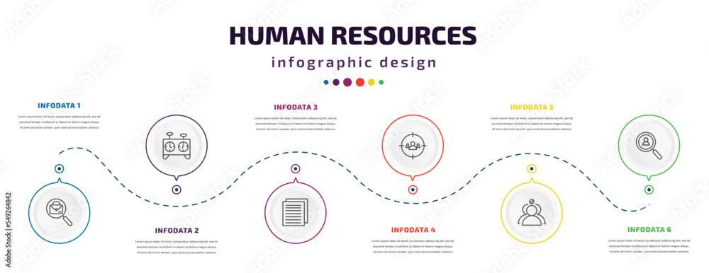 Poster human resources infographic element with icons and 6 step or option. human resources icons such as j