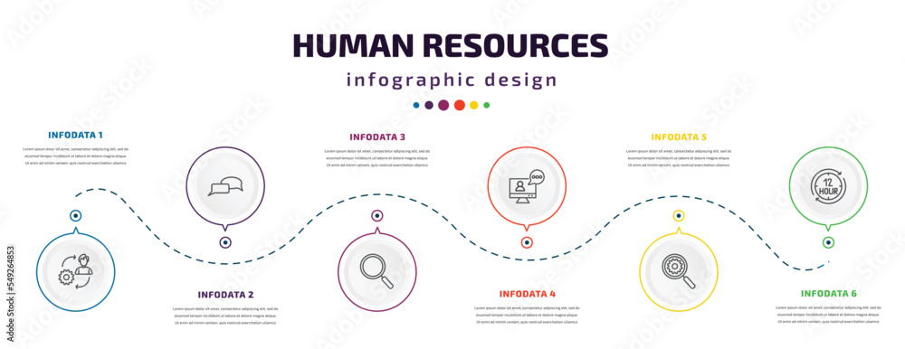 Poster human resources infographic element with icons and 6 step or option. human resources icons such as c