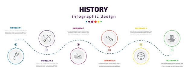 history infographic element with icons and 6 step or option. history icons such as tool, arc, colosseum, ruler, face, viking ship vector. can be used for banner, info graph, web, presentations.