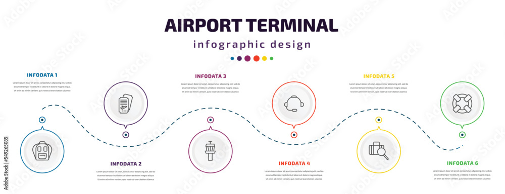 Poster airport terminal infographic element with icons and 6 step or option. airport terminal icons such as
