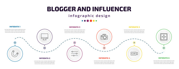 blogger and influencer infographic element with icons and 6 step or option. blogger and influencer icons such as magnet, monitor, filter, camera, camcorder, post vector. can be used for banner, info
