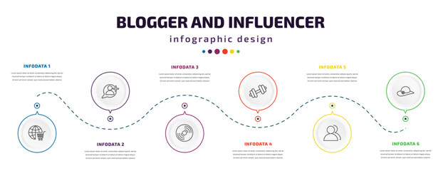 Fototapeta premium blogger and influencer infographic element with icons and 6 step or option. blogger and influencer icons such as shopping online, follower, vinyl, weights, visitor, fashion vector. can be used for